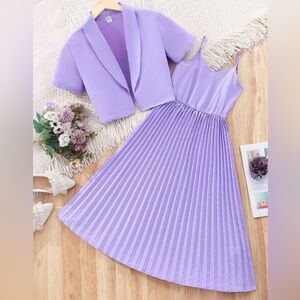 Teens Girls Purple Pleated Sundress with Spaghetti Straps for Wedding Guest